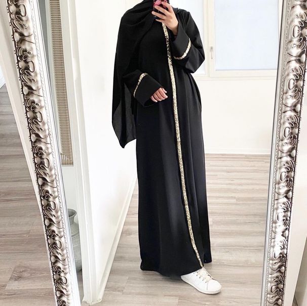Verve 25 Years Muslim Women's Long Robe With Patchwork Edging And Sequins, Malaysia Solid Color Chiffon Dress_ecoleips.com