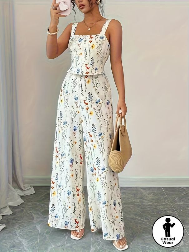 Floral Print Camisole Wide Leg Jumpsuit For Women Fashionable Versatile Women's Pants_ecoleips.com