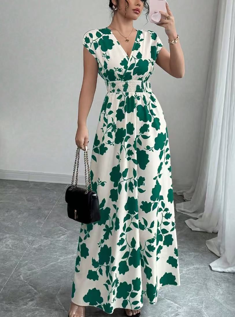 Short-sleeved Lace-up Dress, New Printed V-neck Long Dress, Cross-border Summer Waist Women's Clothing_ecoleips.com