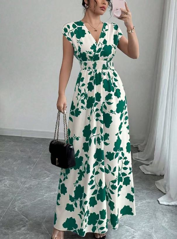 Short-sleeved Lace-up Dress, New Printed V-neck Long Dress, Cross-border Summer Waist Women's Clothing_ecoleips.com