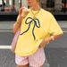 Women's Minimalist Style Base Layer T-Shirt Navy Blue Bow Print Short Sleeve Summer Top_ecoleips.com