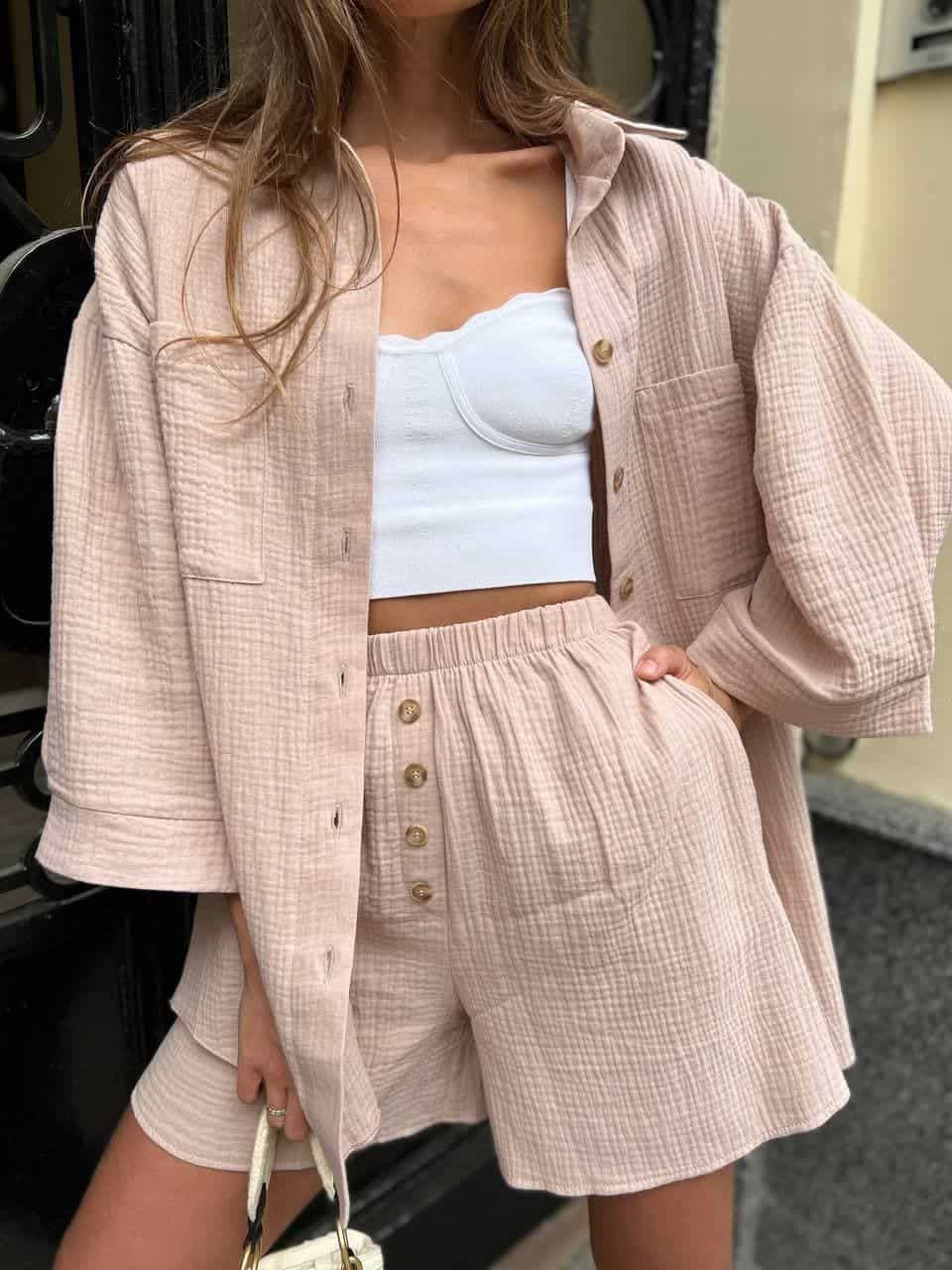 Women's Clothing Casual Temperament Solid Color Cardigan Button Down Top Fashion Shorts Two Piece Set_ecoleips.com