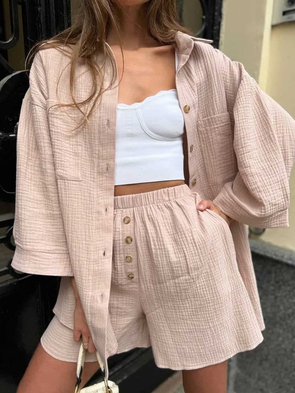 Women's Clothing Casual Temperament Solid Color Cardigan Button Down Top Fashion Shorts Two Piece Set_ecoleips.com