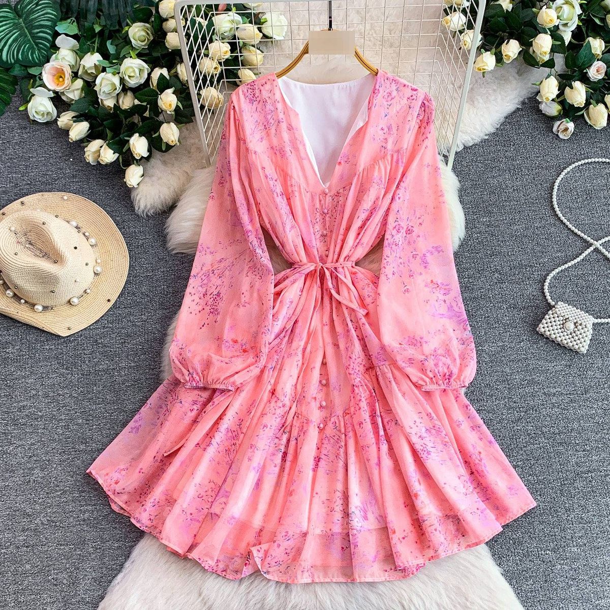 Early Summer Niche Ethereal Chiffon Print Dress For Women, Single Breasted, Slimming Waist, Sweet Ruffle Skirt_ecoleips.com