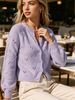 Lavender Hollow Eyelet Pit Rib Knit Cardigan, Loose Lightweight Breathable Soft Skin-touch Long Sleeve Button Knit Jacket_ecoleips.com