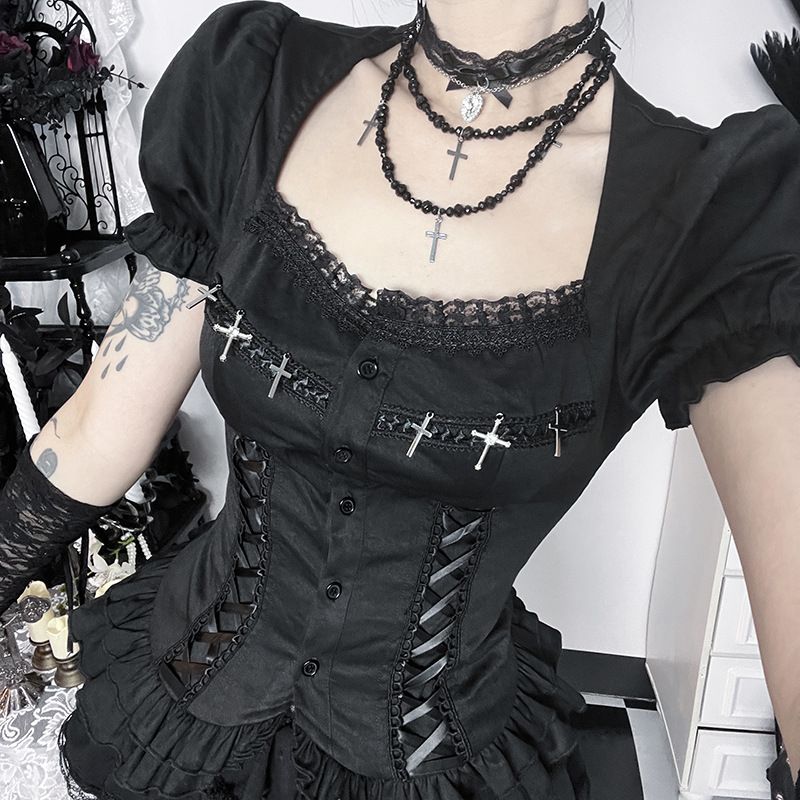 Cross Stitched Positioning Women's Shirt Top New Spring Style Subculture Dark Sweet Cool Hot Girl Clothing_ecoleips.com