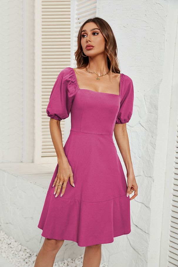 2026 Cross-Border Foreign Trade European Station Summer Hot Sale New Solid Color Square Neck Puff Sleeve Dress_ecoleips.com