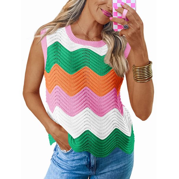 Women's Dopamine Knit Top, Short Sleeve Color Block Sweater With Wave Pattern, Y2K Casual Pullover_ecoleips.com