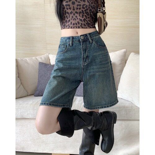 Women's Retro Washed Straight Leg Denim Shorts High Waisted Slimming Loose Fitting Distressed mid Length Capri Pants Summer Thin Wide Leg_ecoleips.com