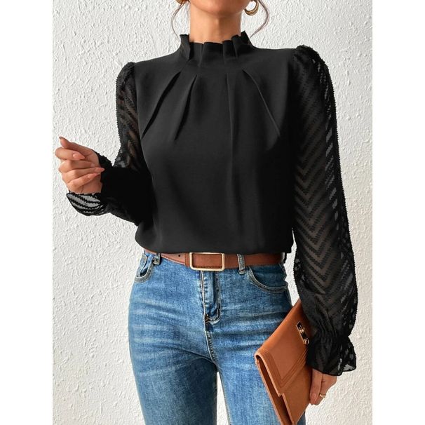 Women's Autumn/Winter Wholesale Semi-High Collar Chiffon Long-Sleeve T-Shirt With Patchwork And Wavy Pleats_ecoleips.com