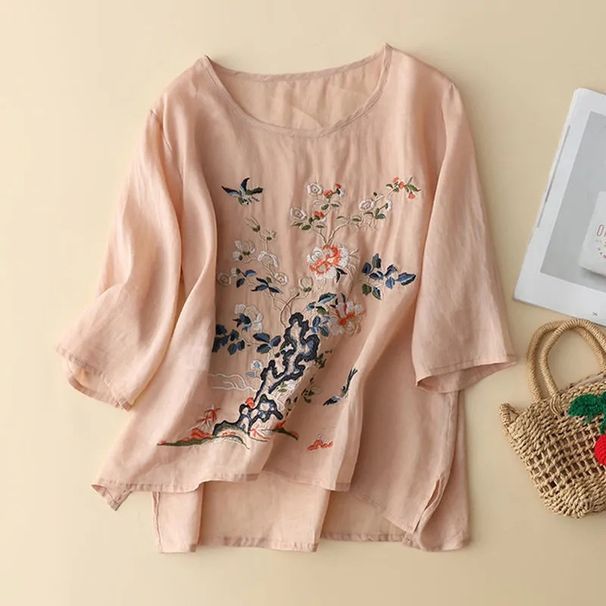 Classic Short-Sleeved Artistic T-Shirt For Summer; Features Embroidery, A Loose Fit With A Round Neckline, And Short Sle_ecoleips.com