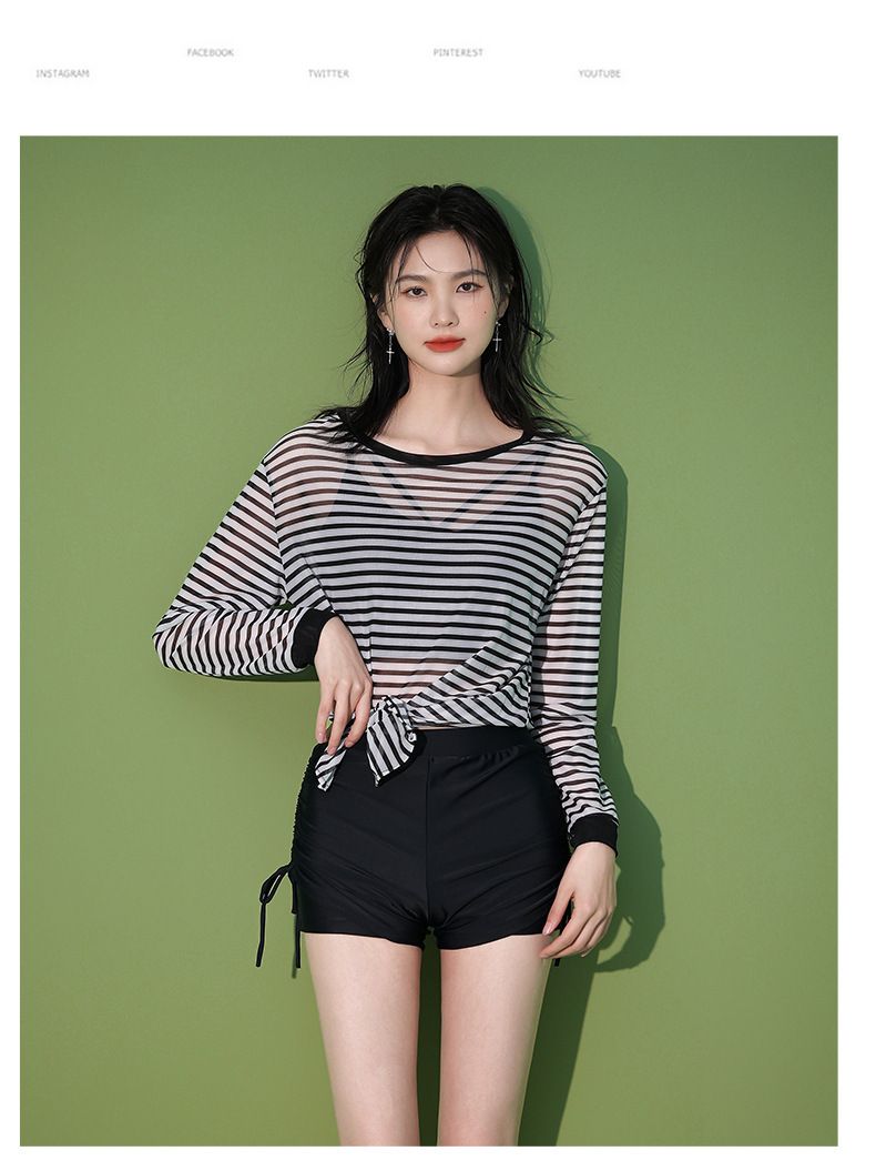 Women's Three Piece Swimsuit Set Long Sleeved Sun Protection Cover up Slimming Striped Design Boxer Briefs Hot Spring Swimmers_ecoleips.com