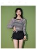 Women's Three Piece Swimsuit Set Long Sleeved Sun Protection Cover up Slimming Striped Design Boxer Briefs Hot Spring Swimmers_ecoleips.com