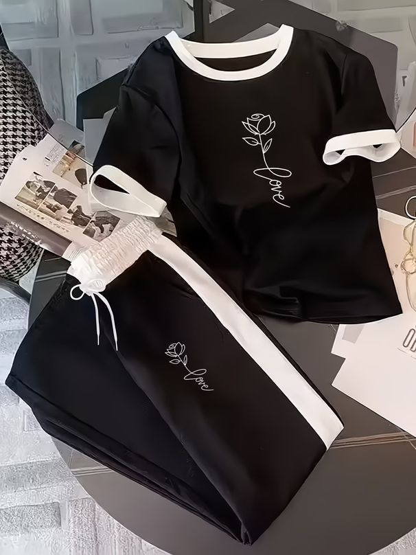 Women's Casual Floral Print Lounge Set – Oversized Short Sleeve Tee & Relaxed Pants (Black/White, S-XL, Breathable Cotton Two-Piece Outfit)_ecoleips.com
