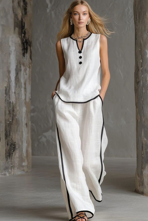 Women's Clothing Women's Elegant V Neck Black Trim Suit Sleeveless Simple Comfortable Spring Summer For Formal & Casual For Women_ecoleips.com