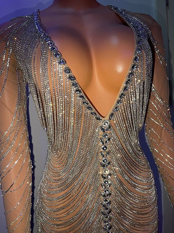 Silver Rhinestone Diamond Chain Tassel Short Skirt Dress for Female Singer Host Slim Hip Stage Performance Costume Elastic_ecoleips.com