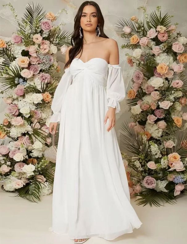 Elegant V-Neck Long Sleeve Maxi Dress – Flowy Chiffon Evening Gown For Women (White, S-XL)_ecoleips.com