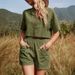 Women's Clothing Cotton And Linen Solid Color V Neck Drop Shoulder Short Sleeve Fashion Casual Loose Shorts Pocket Two Piece Set_ecoleips.com