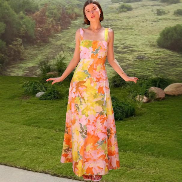 Foreign Trade In Stock 2025 Summer New European And American Cross-Border Vacation Style Strap Long Floral Flared Dress_ecoleips.com
