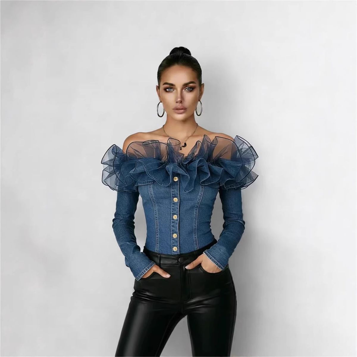 Women's Clothing Women's Blue Denim Top Off-Shoulder Button Decorated Shirt Ruffled Mesh Trim Spring/Autumn_ecoleips.com