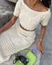 Women's Off Shoulder Knit Two Piece Outfit, Short Sleeve Cropped Top & High Waist Midi Skirt Set_ecoleips.com