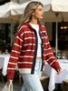 Red White Stripe Heart Pit Rib Knit Hooded Cardigan, Loose Lightweight Breathable Soft Skin-touch Drawstring Button Knit Jacket_ecoleips.com