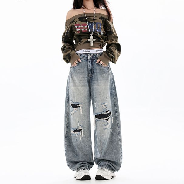 Women's High-Waisted Slimming Ripped Wide Leg Jeans Loose Fitting Floor Length Pants American Style Denim_ecoleips.com