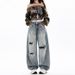 Women's High-Waisted Slimming Ripped Wide Leg Jeans Loose Fitting Floor Length Pants American Style Denim_ecoleips.com