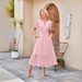 Women's Clothing V Neck Hollow Eyelet Pleated Short Sleeved Long Dress_ecoleips.com