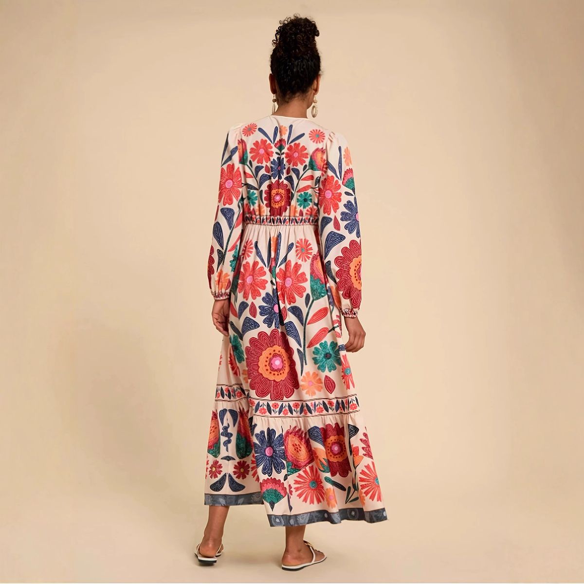2026 Autumn European American Women Printed Long Sleeve Waist Slim Long Dress_ecoleips.com