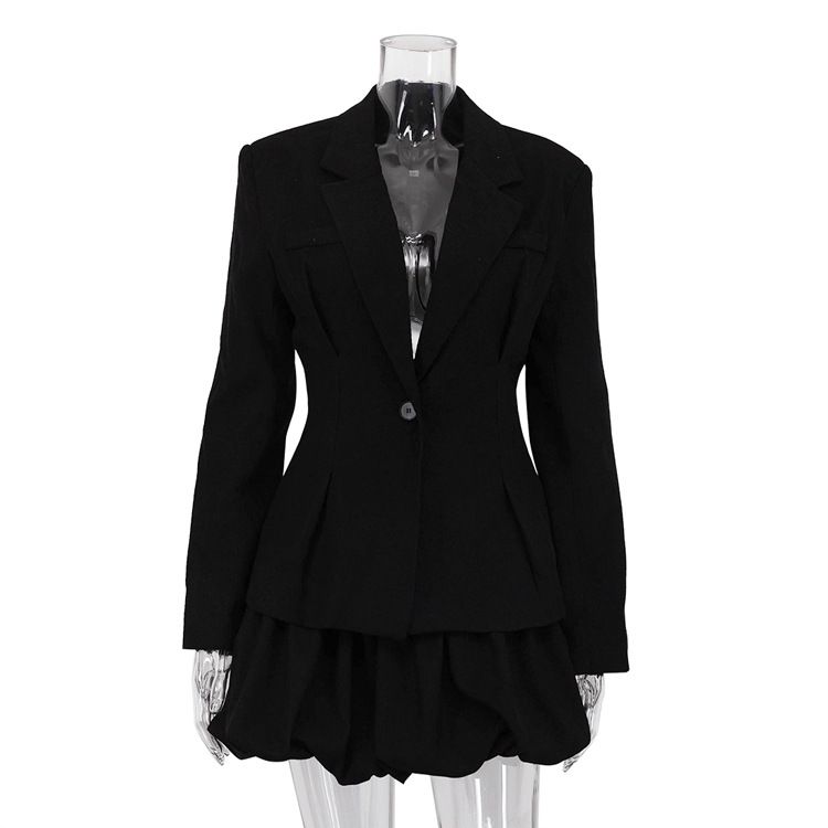Women's European American Style Elegant Lapel Suit Jacket And Pleated Puff Skirt Two Piece Set High End Waist Cinching Cross Border Fashion_ecoleips.com