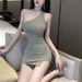 Summer Women Sexy One Shoulder Evening Dress Solid Color Casual Lace Up Sleeveless Bandage Club Party Backless Tight Dress_ecoleips.com
