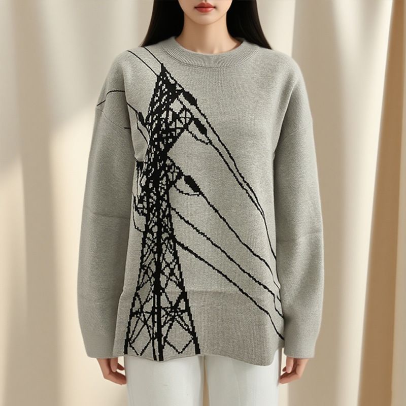 Power Tower Unisex Loose Fitting round Neck Knitwear Long Sleeved Jacquard Sweater Niche Design Artistic Top_ecoleips.com