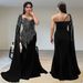 Women's Black Fishtail Evening Dress With Long Sleeves & Shawl - Elegant Diamond-Embellished Formal Gown_ecoleips.com