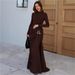 Women's Long Dress European American Style round Neck Solid Color Autumn Winter Fashion Elegant Decorative Ring Buckle Long Sleeves_ecoleips.com