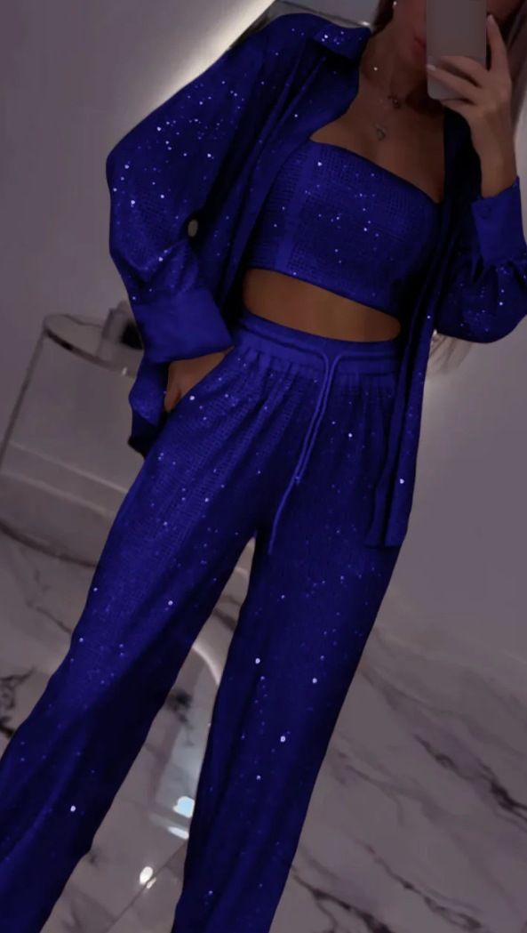 Women's Clothing Loose Casual Sequined Suit Jacket Tube Top Wide Leg Pants Three Piece Set_ecoleips.com