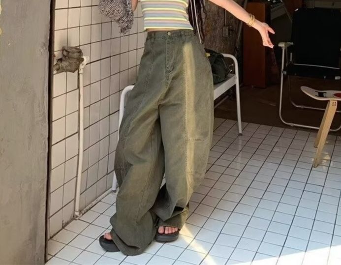 American Retro Green Banana Jeans For Women 2025 Spring And Summer Lazy Style Loose Wide Leg Floor Length Scimitar Pants_ecoleips.com