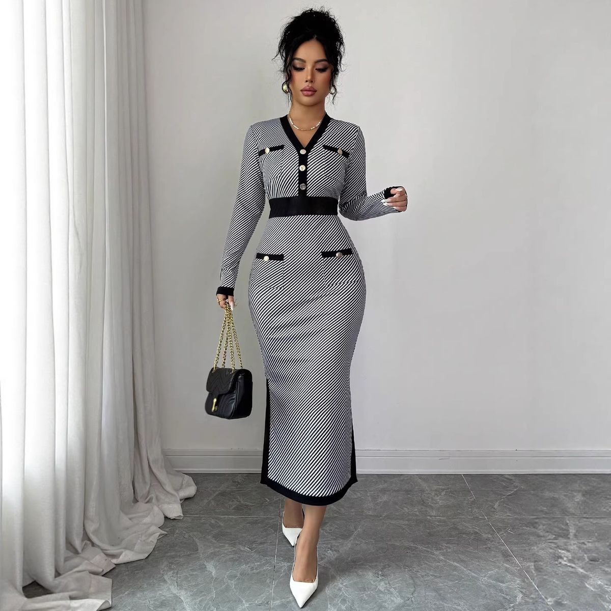 Inspired Black Knit Dress - V-Neck, A-Line, Long Sleeve, High Waist, Polyester, S-XL"_ecoleips.com