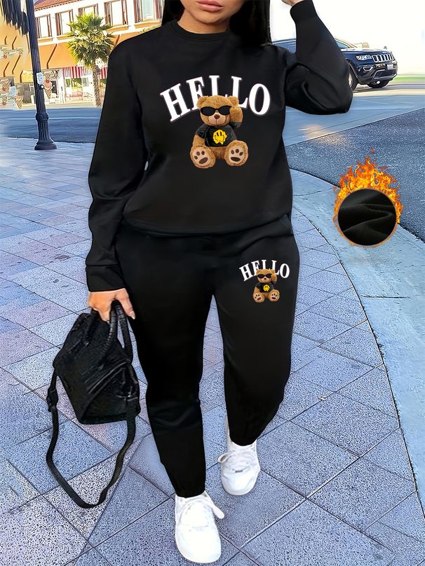 Women's Autumn And Winter Hip-hop Casual Street HELLO Bear Cartoon Pattern Printed Round Neck Sports Shirt+sports Pants Set-575_ecoleips.com
