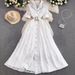 Elegance Lace Dress – Blazer Collar A-Line Maxi Dress With Pearl Buttons & Waist Tie (White/Black, S-Xxl, Office & Wedding Guest Outfit)_ecoleips.com