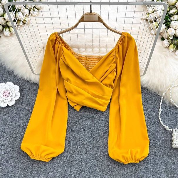 V-Neck Ruffle Detail Blouse With Puff Sleeves – Elegant Cropped Top For Women, Breathable Stretch Fabric, Perfect For Spring Layering_ecoleips.com