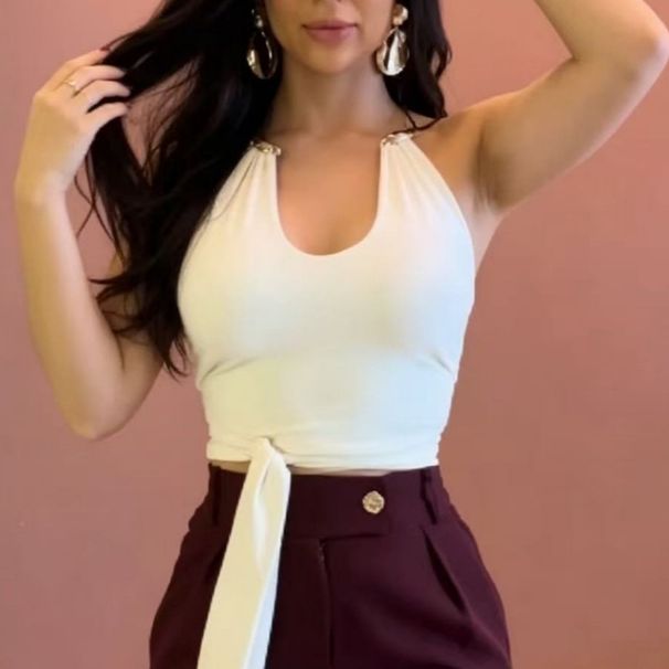 Women's Fashion Sleeveless Halter Neck Top Solid Color Sexy Tie Waist Short Vest Style_ecoleips.com