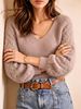 Dusty Purple V Neck Pit Rib Knit Jumper, Loose Hollow Breathable Soft Skin-touch Lantern Long Sleeve Sweater_ecoleips.com