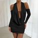 Autumn And Winter Backless Long-sleeved Dress Deep V Neck Pleated Hip-wrapped Short Skirt Elastic And Thin_ecoleips.com