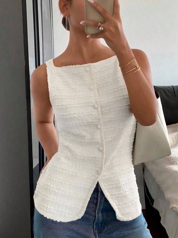 Women's Clothing Elegant Single Breasted Round Neck Sleeveless Slim Fit Vest For Women Solid Color T-Shirt For Formal & Casual For Women_ecoleips.com