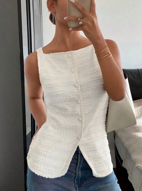 Women's Clothing Elegant Single Breasted Round Neck Sleeveless Slim Fit Vest For Women Solid Color T-Shirt For Formal & Casual For Women_ecoleips.com
