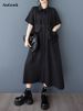 2025 Summer New Oversized Black Vintage Shirt Dresses For Women Short Sleeves Loose Casual Midi Dress Elegant Fashion Clothing_ecoleips.com