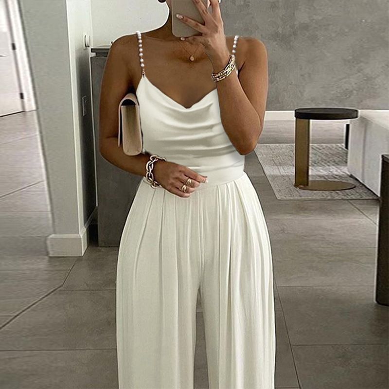 Women's Clothing new style pearl suspenders wide leg sleeveless V neck backless trousers jumpsuit_ecoleips.com