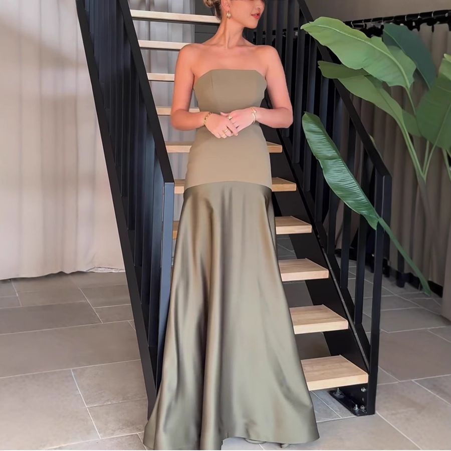 Women's Clothing Summer Sexy Tube Top Satin Sleeveless Stitching Solid Color Dress_ecoleips.com