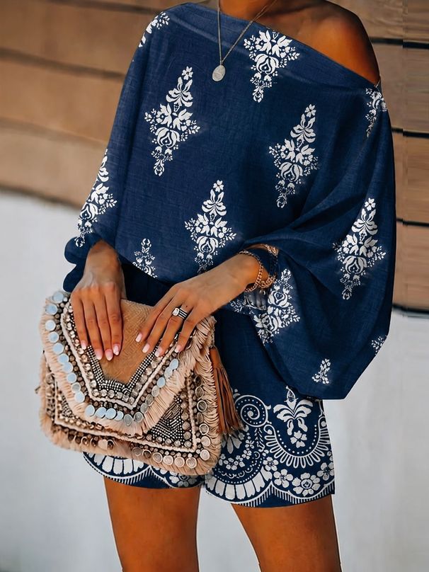 Women's Summer Off-Shoulder Printed Two-Piece Set European American Style Loose Casual Long-Sleeved Shorts Ensemble_ecoleips.com